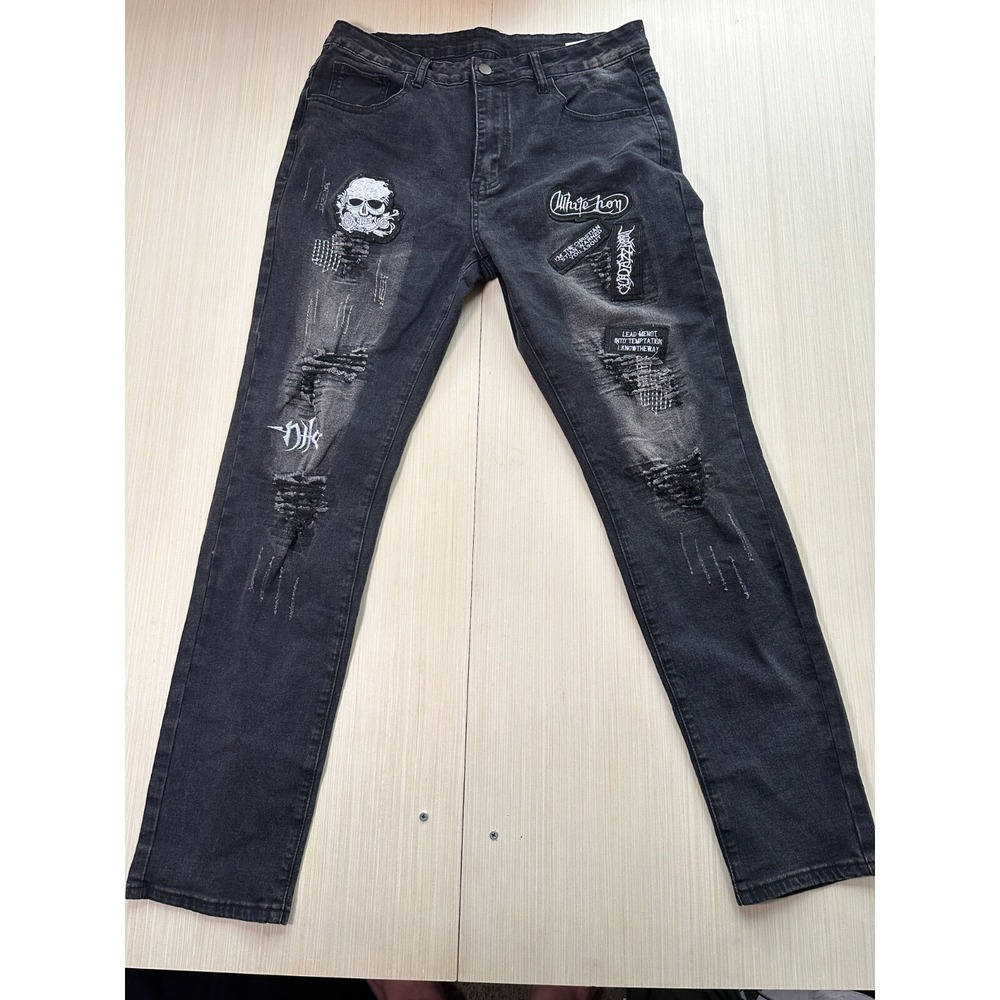 Mens Jeans L Black Cotton Stretch Punk Skull Goth 5-Pockets Skinny Leg Zip Fly